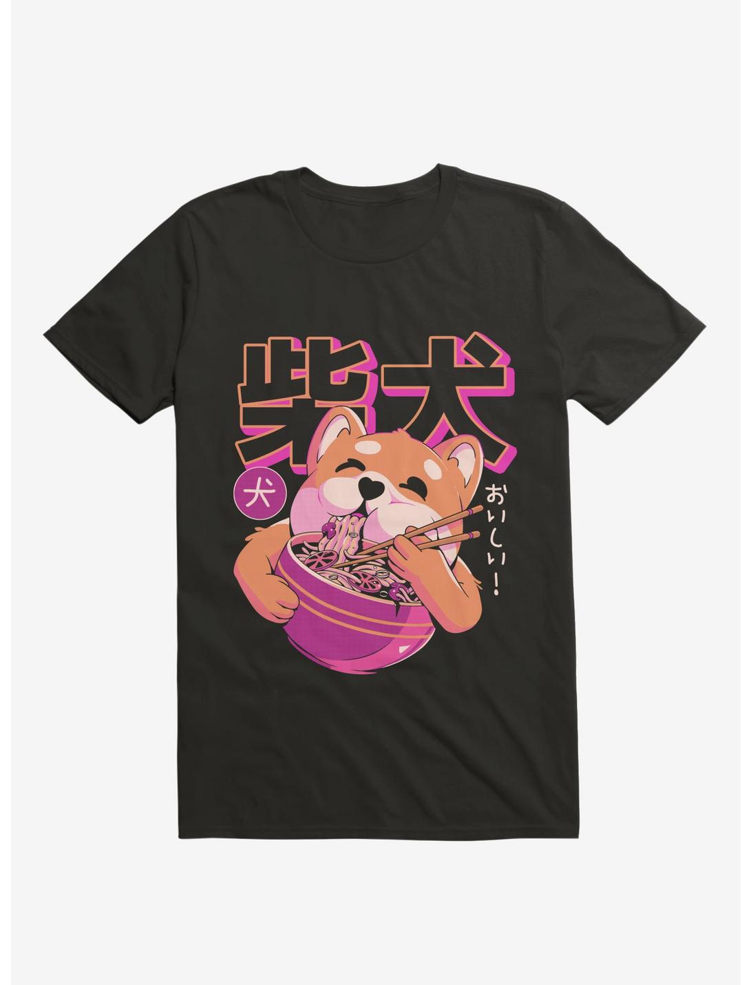 Shiba Eating Noodles Black T-Shirt