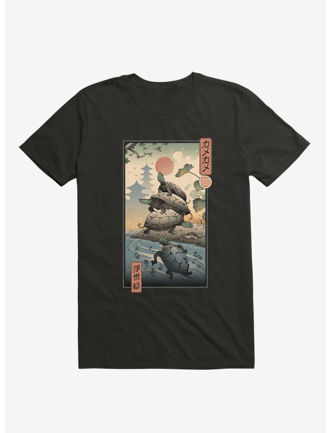 Turtle Stream Kame Kame Ukiyo-e Black T-Shirt