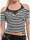 Black & White Stripe Skull Girls Cold-Shoulder Top