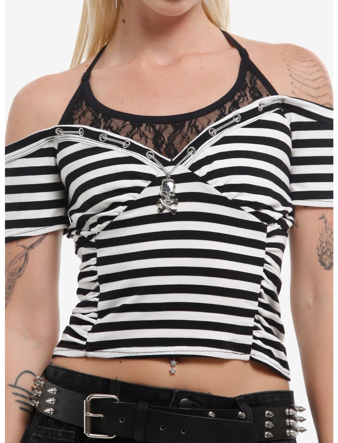 Black & White Stripe Skull Girls Cold-Shoulder Top
