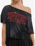 Stranger Things Logo Splatter Girls Off-Shoulder T-Shirt