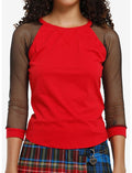 Social Collision Red & Black Fishnet Sleeve Girls Raglan T-Shirt