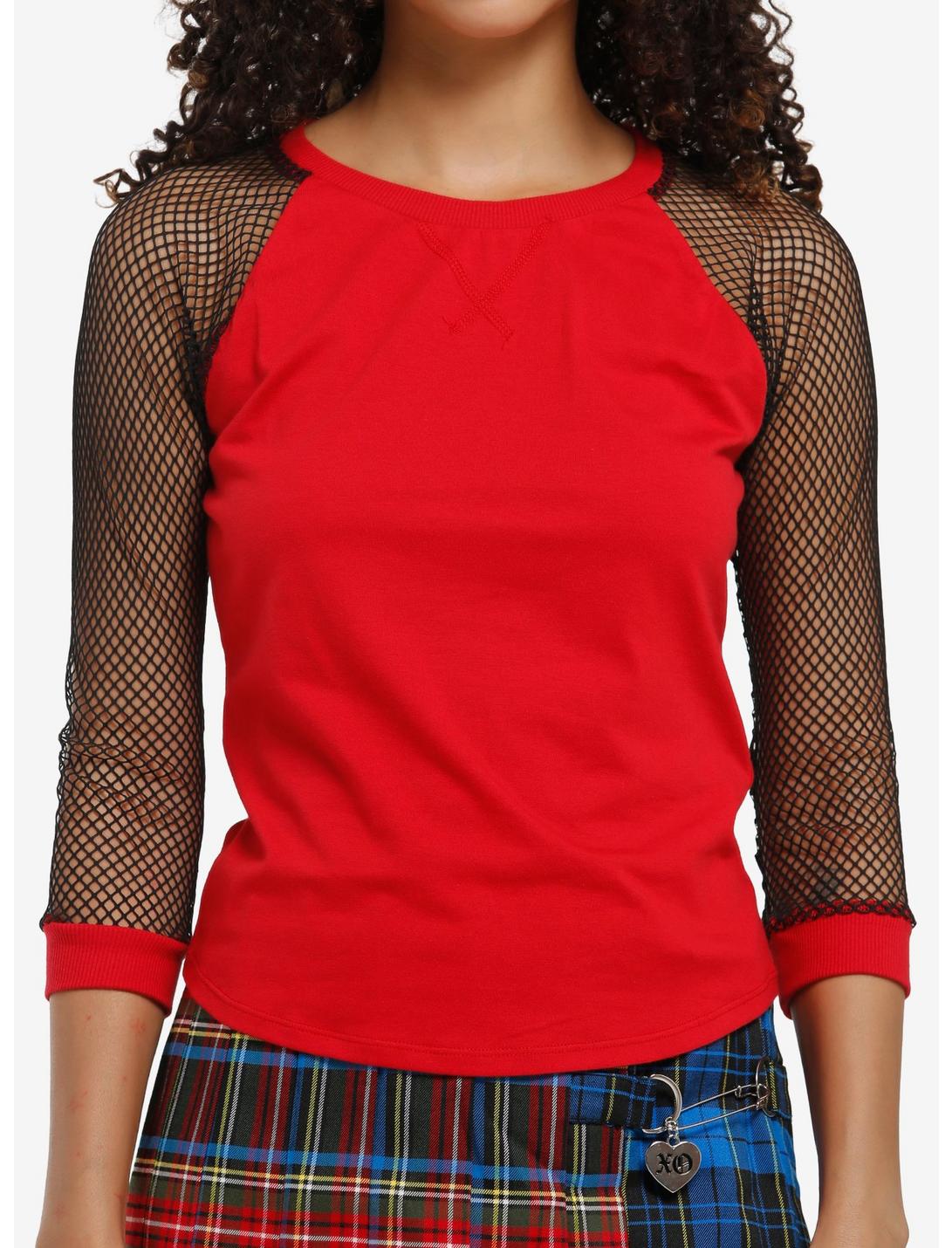 Social Collision Red & Black Fishnet Sleeve Girls Raglan T-Shirt