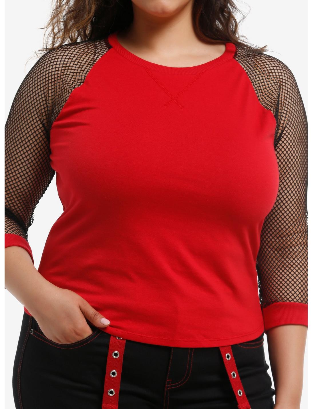Social Collision Red & Black Fishnet Sleeve Girls Raglan T-Shirt Plus Size
