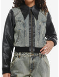 Social Collision Vintage Wash Denim & Black Faux Leather Girls Crop Jacket