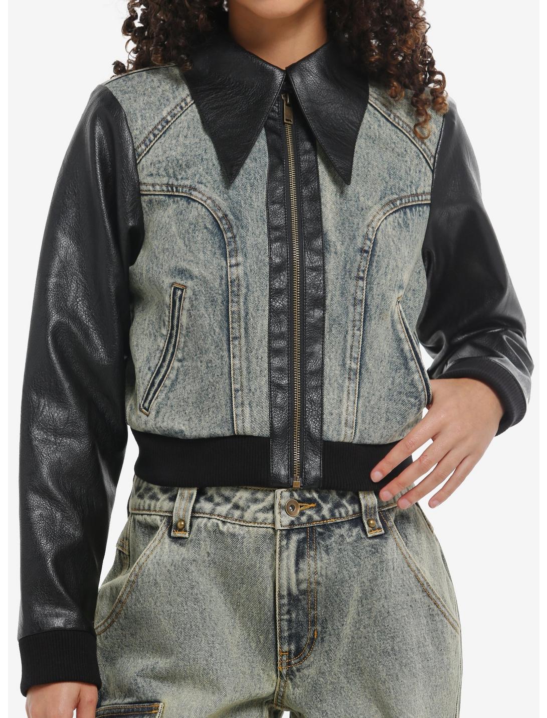 Social Collision Vintage Wash Denim & Black Faux Leather Girls Crop Jacket