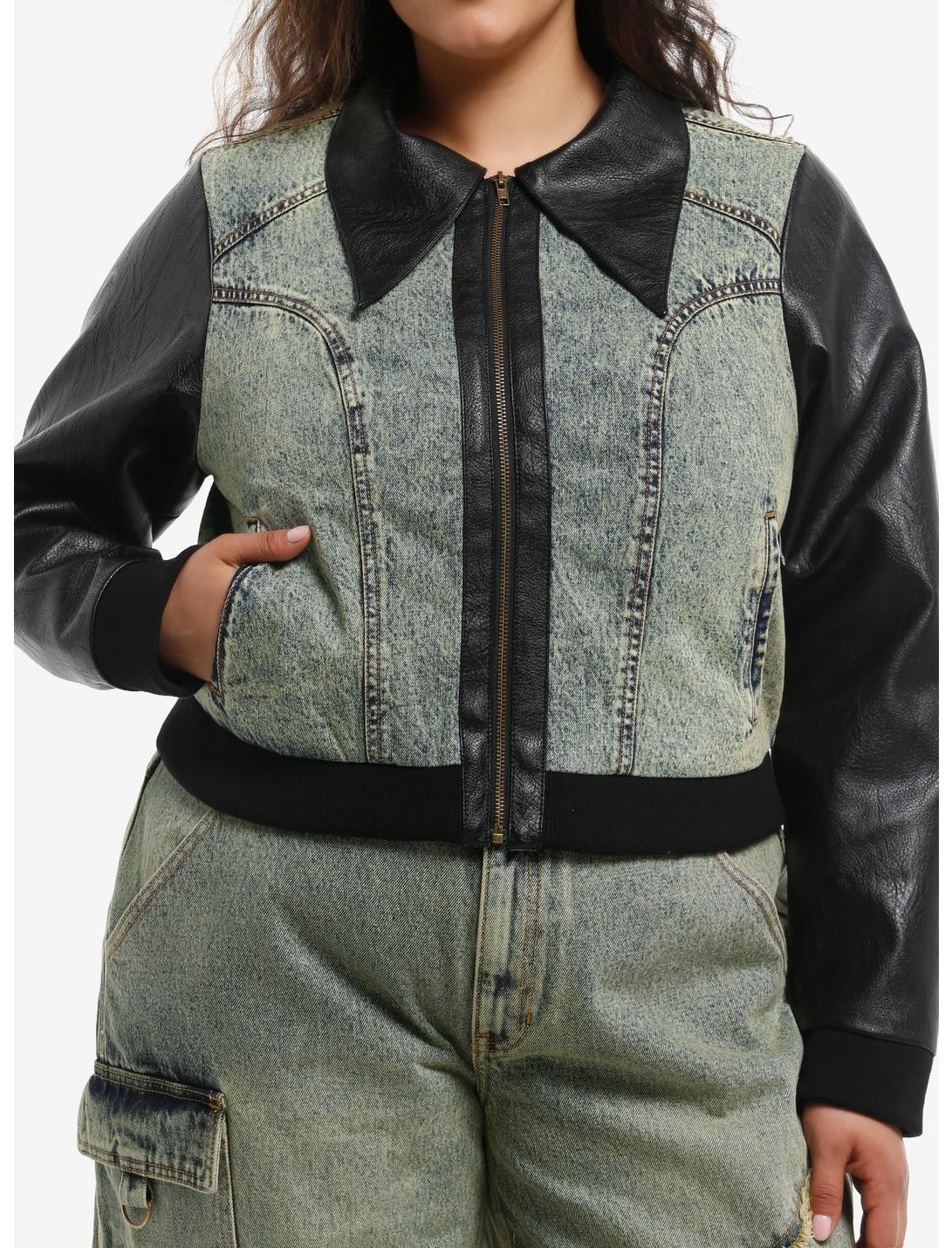 Social Collision Vintage Wash Denim & Black Faux Leather Girls Crop Jacket Plus Size