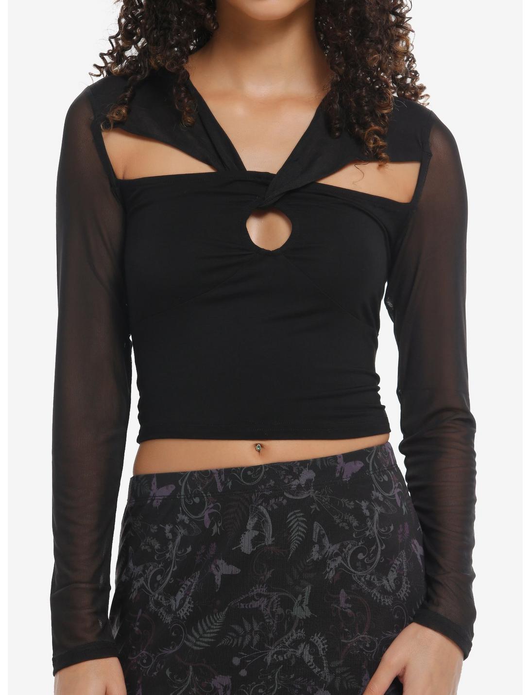 KIHILIST Black Cutout Mesh Girls Crop Long-Sleeve Top