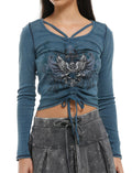 Social Collision Teal Wings & Filigree Cinched Girls Long-Sleeve Top