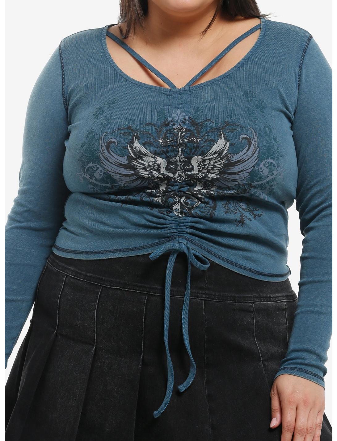 Social Collision Teal Wings & Filigree Cinched Girls Long-Sleeve Top Plus Size