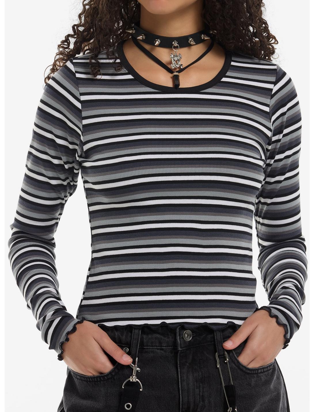 Black Grey & White Stripe Girls Long-Sleeve Top