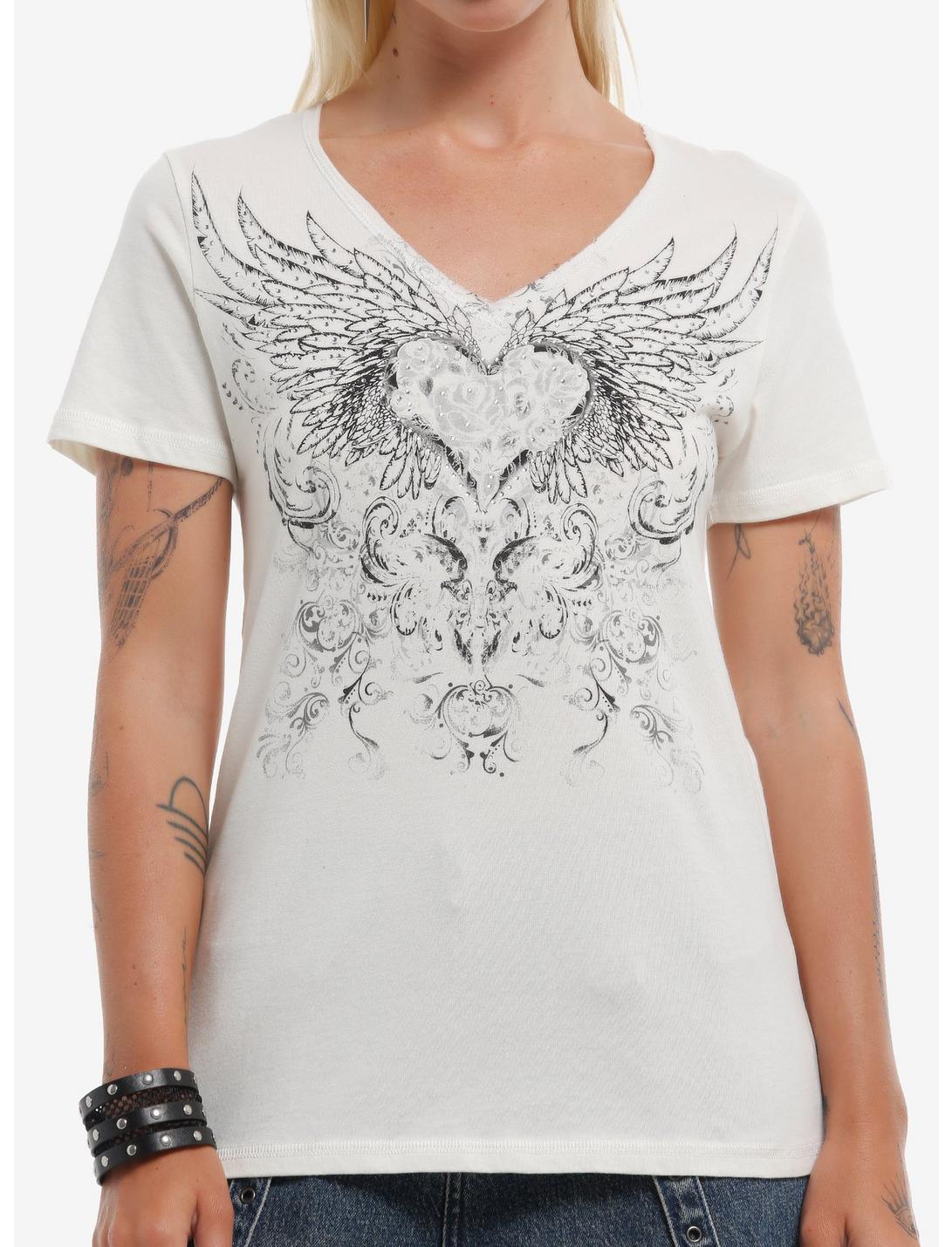 Winged Heart Rhinestone Girls V-Neck T-Shirt