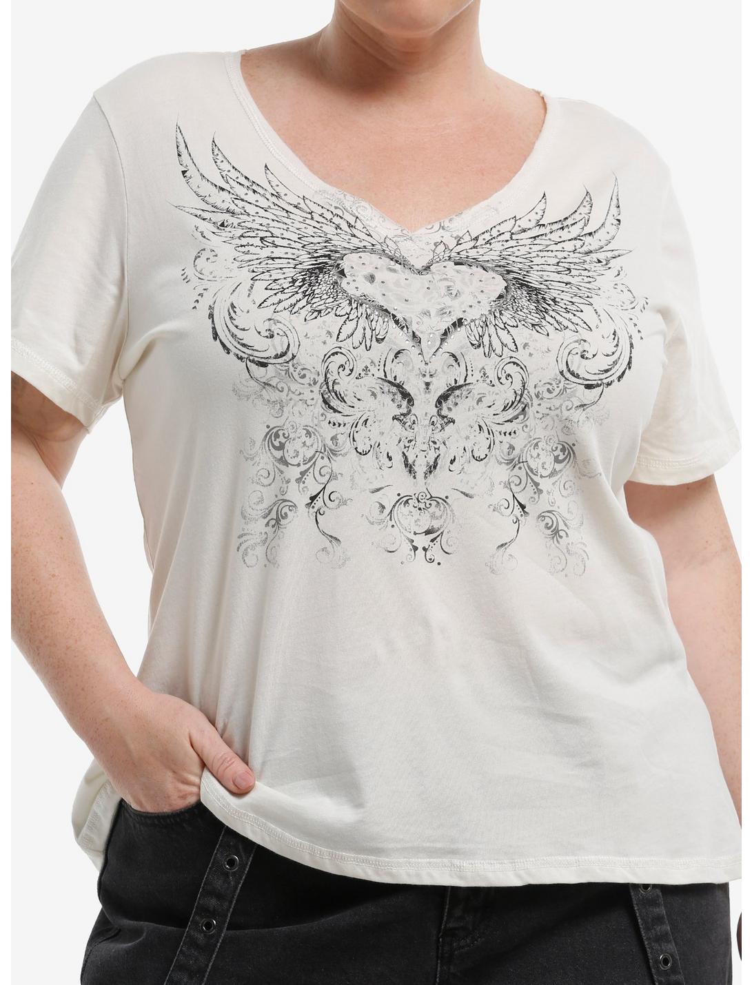 Winged Heart Rhinestone Girls V-Neck T-Shirt Plus Size
