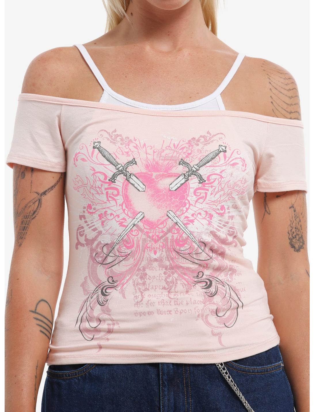 Sweet Society Pink Dagger Heart Girls Cold-Shoulder Top