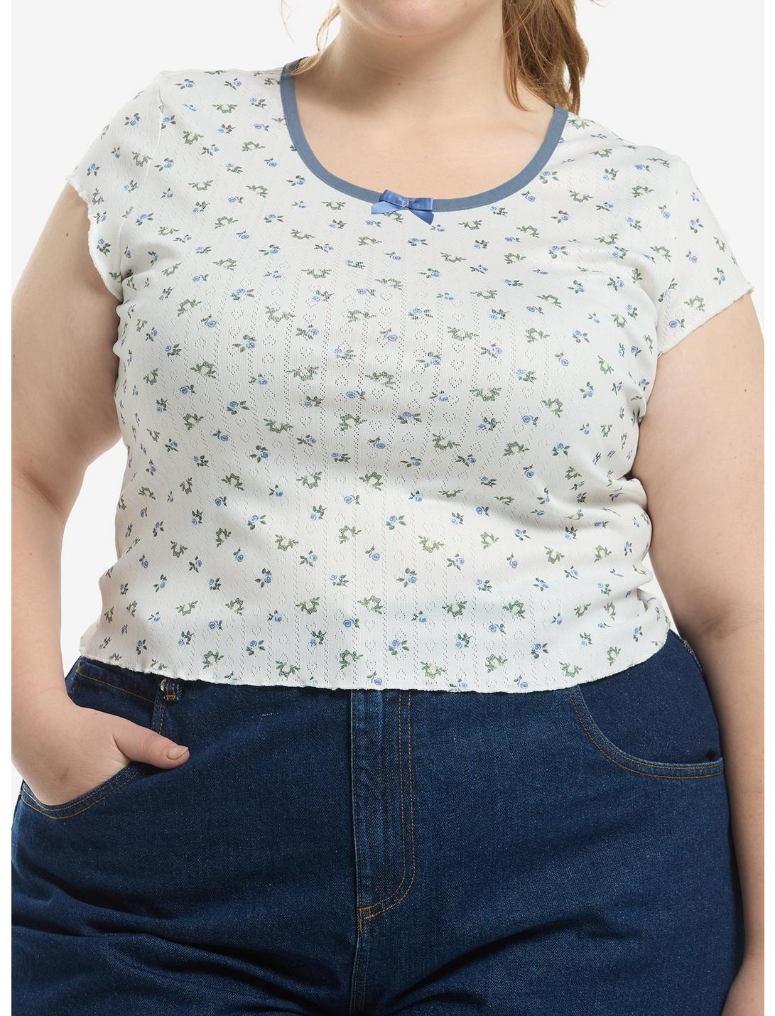 Thorn & Fable Frog Blue Floral Pointelle Girls Top Plus Size