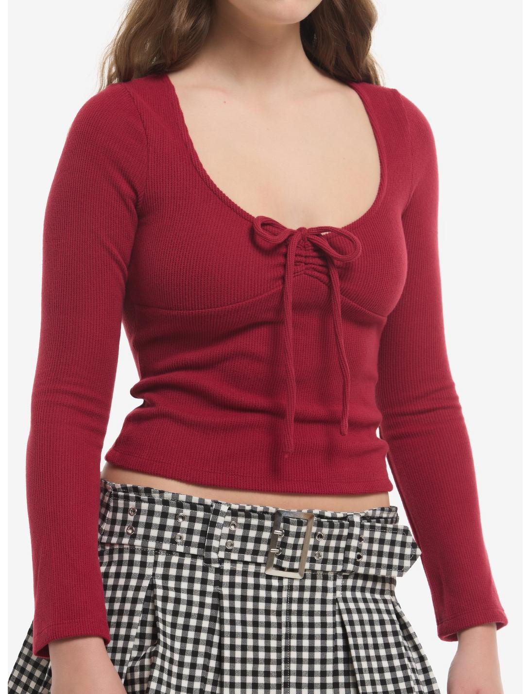 Burgundy Tie-Front Girls Long-Sleeve Top