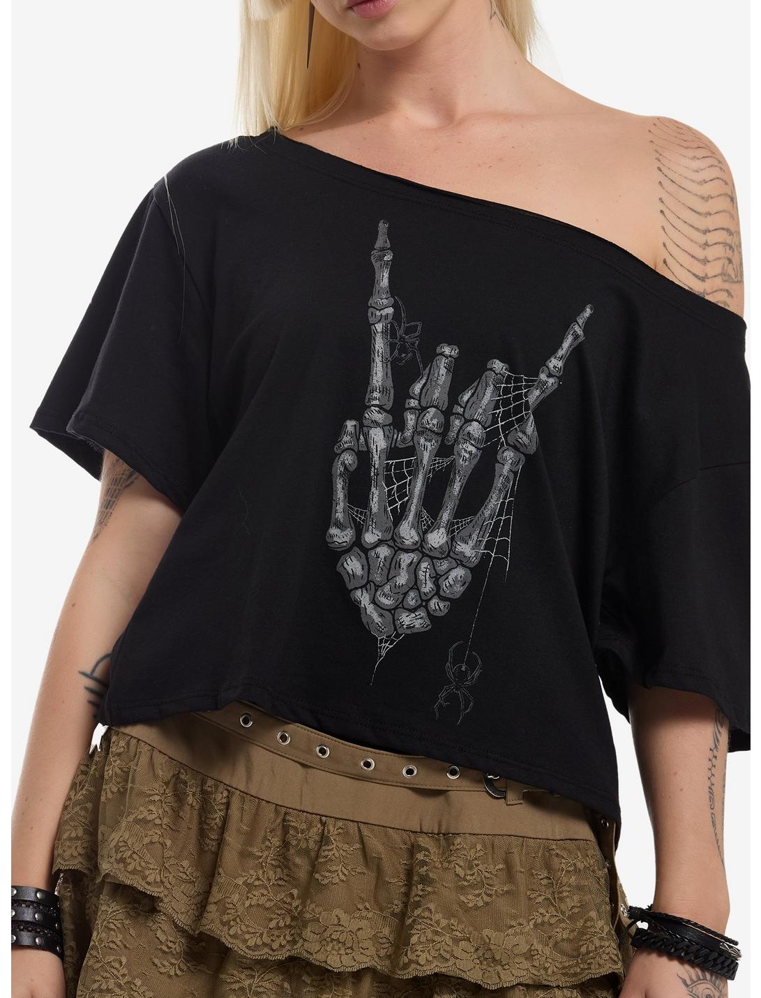 Rock On Skeleton Hand Girls Off-Shoulder T-Shirt